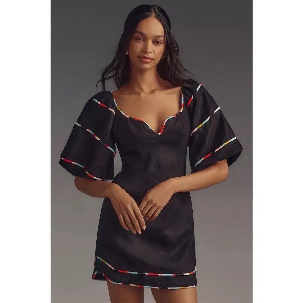 NWT Farm Rio Colored Stripes Linen Mini Dress Small Puff Sleeve Black